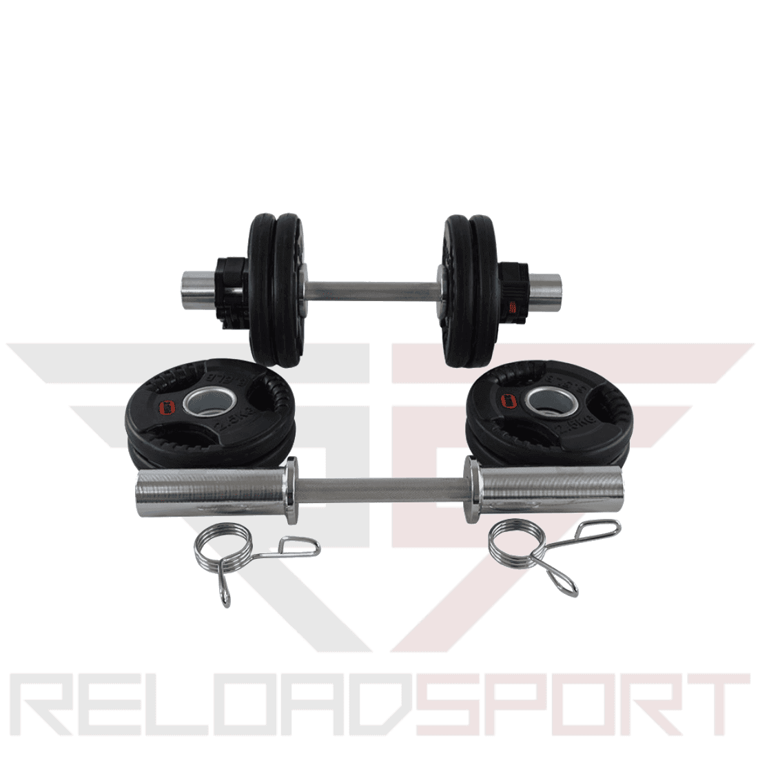 Hantelset + 4 x 2,5kg Hantelscheibe - 50 mm Olympische Hantelstangen - 80 kg Belastbarkeit - inkl. Federschließer - TexfitTrading.de