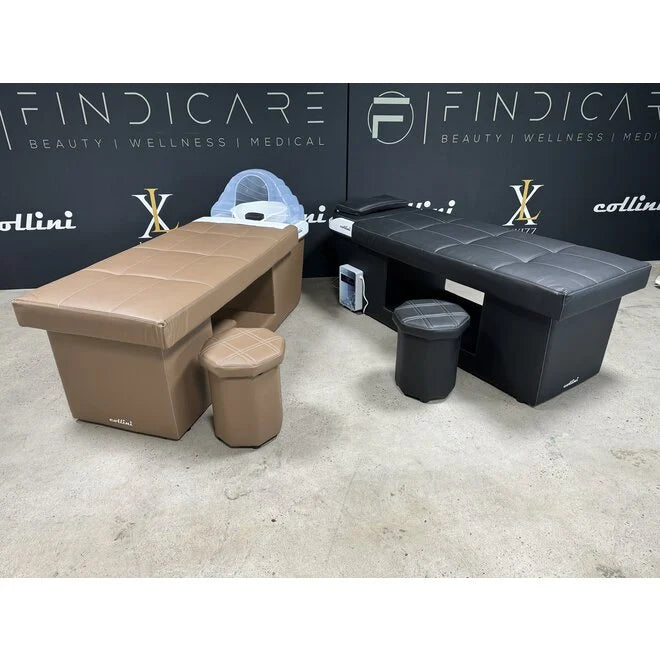 Japanische Headspa Liege für Wellness in einem modernen Wellness-Salon-Setup mit verschiedenen Liegen und Zubehör.