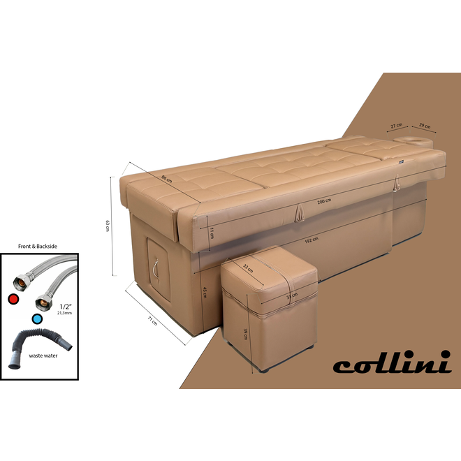 Elektrische japanische HeadSpa-Liege mit Maßen und Zubehör von Collini, ideal für Wellness und Beauty-Anwendungen.
