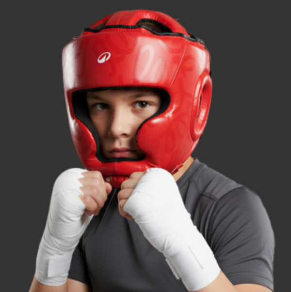 Domyos Kopfschutz für Kinder Training 52-55 cm in rotem Design bei einem jungen Sportler mit Bandagen